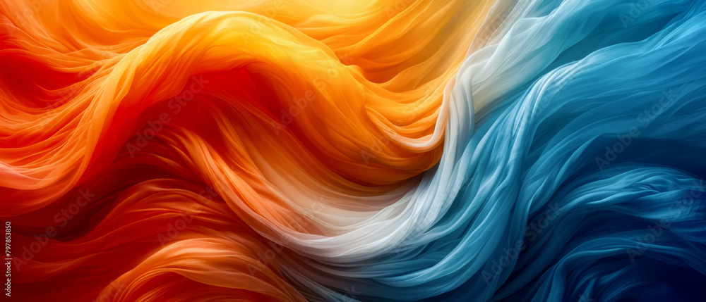 abstract representation of warm and cool currents intermingling, depicted with a dynamic flow of fabrics colors. Abstract Color Waves Flow of silks in Warm and Cool Hues abstract representation of warm and cool currents intermingling, depicted with a dynamic flow of fabrics colors. Abstract Color Waves Flow of silks in Warm and Cool Hues