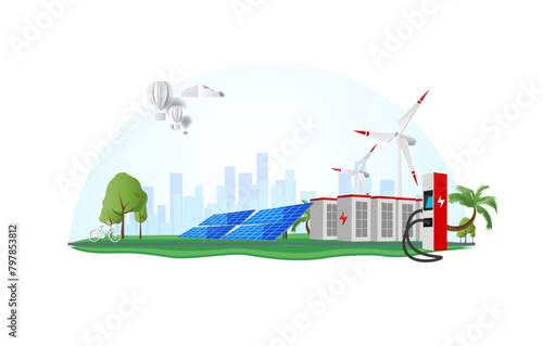 Renewable energy smart power grid system. Flat vector illustration of solar panels, wind turbines, battery storage, high voltage electric power transmission grid and city skyline.