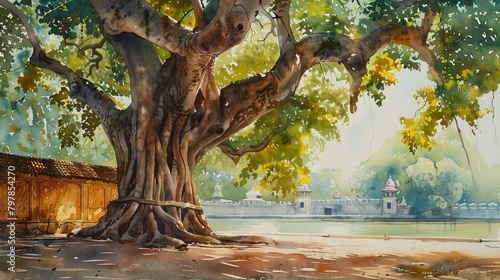 Beautiful painting of the Bodhi Sacred Fig tree in watercolor © Suleyman