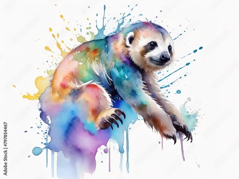 Cate sloth splash watercolor  illustration isolated white background