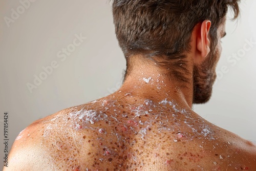 Close-up view of a man's neck and upper back area showing the painful peeling of skin after severe sunburn photo