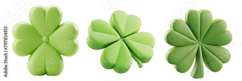 PNG clover leaf 3d icons and objects collection, in cartoon style minimal on transparent, white background, isolate