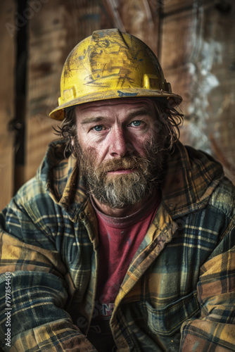 A man with a beard wearing a bright yellow hard hat