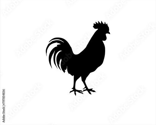 Black rooster silhouette illustration isolated on white background. Rooster icon. Rooster logo vector.