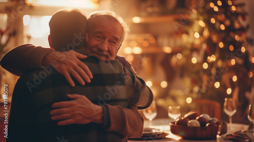 Captured during a holiday dinner, a senior father hugs his adult son in a warmly decorated dining room, reflecting a moment of familial love and gratitude. , natural light, soft sh