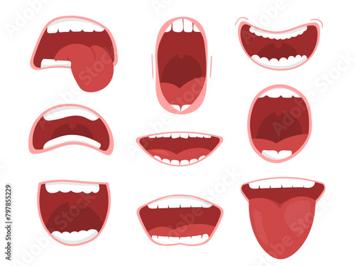 PNG, Smile with teeth, tongue sticking out, surprised. Funny cartoon mouths set with different expressions. Various open mouth options with lips, tongue and teeth. Cartoon vector illustration