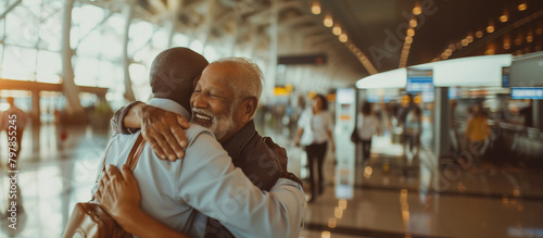A poignant scene at an airport where a senior father greets his adult son with a tight hug, surrounded by the bustling environment, highlighting the deep emotional connection despi photo