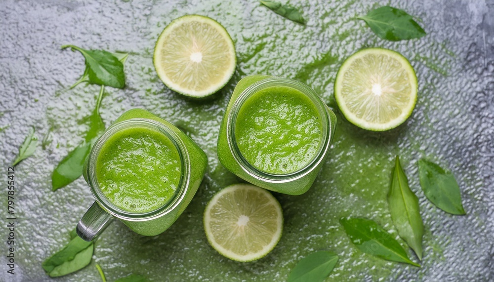 Fresh green juice smoothie made with organic green fruits and vegetables. top view, the texture of the leaves. The concept of a healthy lifestyle Fresh green juice smoothie made with organic green fruits and vegetables. top view, the texture of the leaves. The concept of a healthy lifestyle