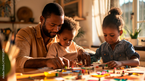 An African ethnicity father sitting at a table with his son and daughter, engaged in a craft project, showing their creativity with paper, scissors, and glue spread around them. ,
