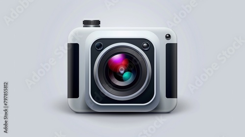 Camera icon for apps and websites. It shows a digital camera lens with a flash in a 3D square.