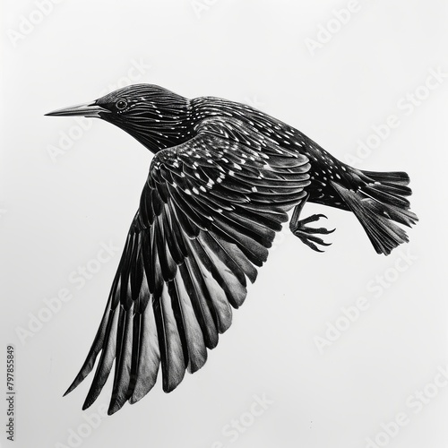 Detailed Pencil Sketch of a Starling Bird In Flight Black and White Drawing on a Blank White Background