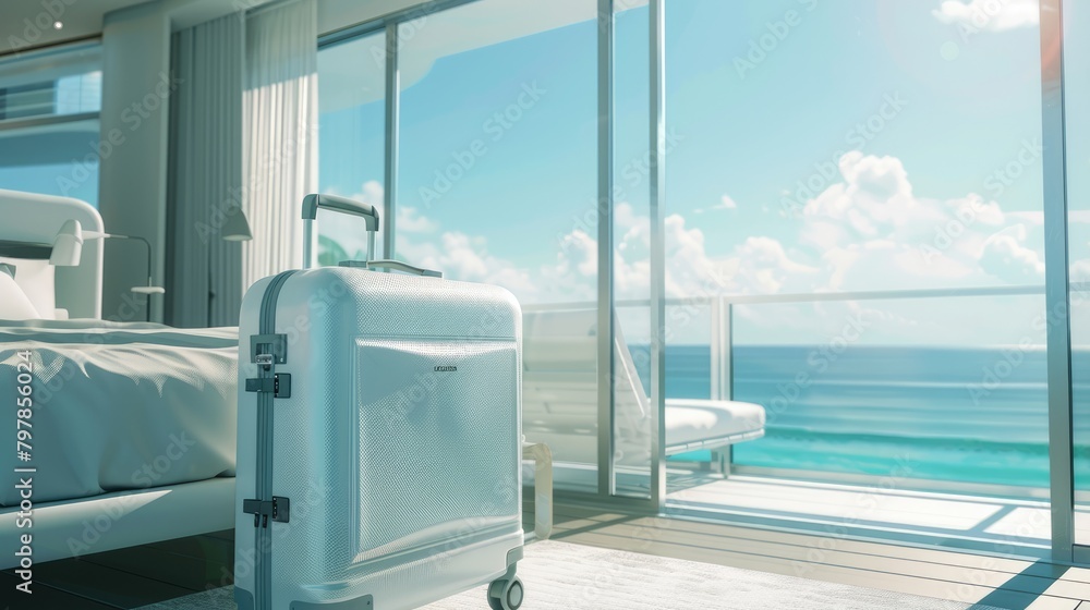 Fototapeta premium Luxury beachfront hotel room with open suitcase, inviting guests to a serene sea view and elegant comfort - AI generated