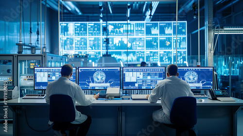 Wallpaper Mural Workers operating control panels and monitoring screens in a high-tech control room, showcasing the technological aspect of modern manufacturing. Torontodigital.ca