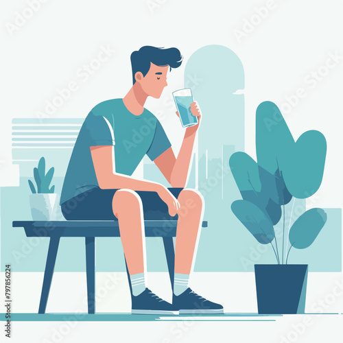 Vector a man sits on a bench and eats a cup of coffee
