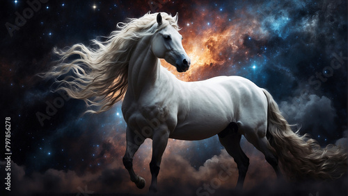 The image is of a majestic white horse standing on a rocky cliff with a starry night sky and colorful nebula behind it.  