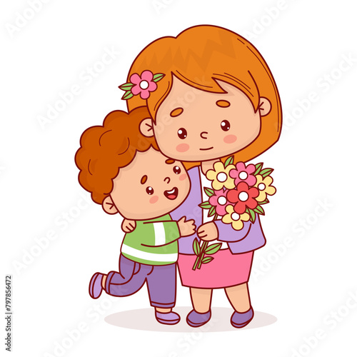 Cute woman with her son and bouquet of flowers. Vector illustration flat style kawaii. Positive festive female character for birthday, Women's Day, Mother's Day design