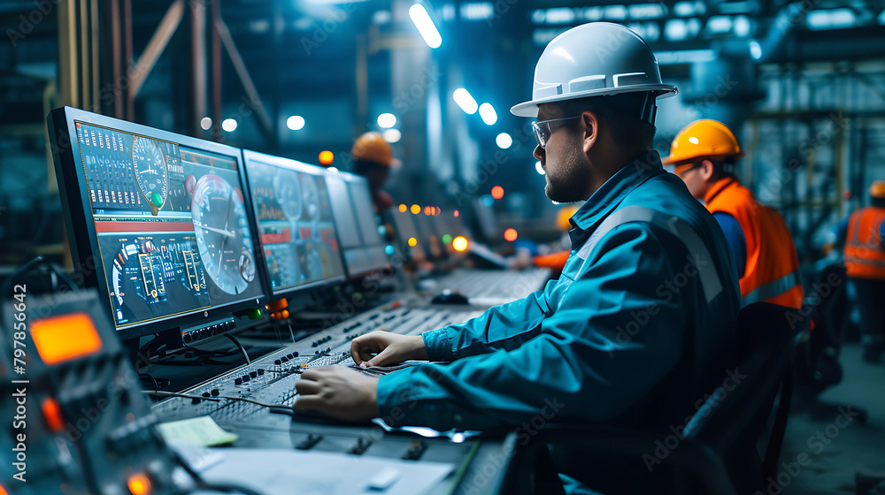 Workers operating control panels and monitoring screens in a high-tech control room, showcasing the technological aspect of modern manufacturing. Workers operating control panels and monitoring screens in a high-tech control room, showcasing the technological aspect of modern manufacturing.