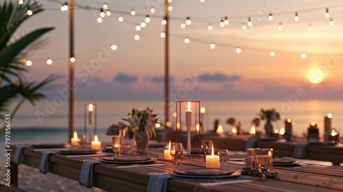 Wallpaper Mural Romantic beach dinner setup at sunset with candles and string lights, offering an enchanting dining experience by the sea - AI generated Torontodigital.ca