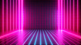 3d wireframe grid room. Abstract ultraviolet neon square interior with glowing neon lamps. Cyberspace futuristic architecture background. Mock-up for your design project