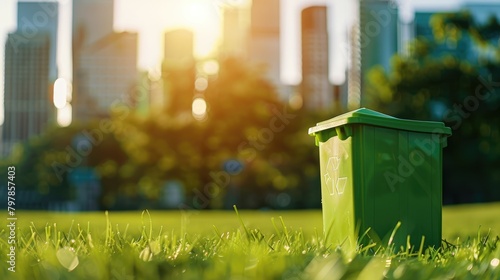 Green recycling bin filled with recyclables in an urban park, highlighting eco-consciousness in city living - AI generated photo