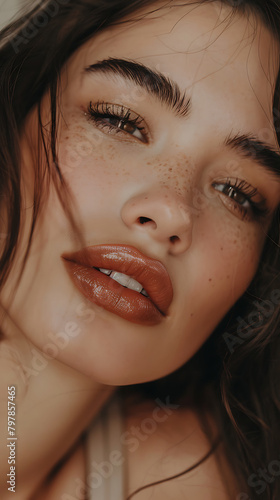 a closeup shot of a spanish fashion model looking at camera with eye lashes lipstick full makeup