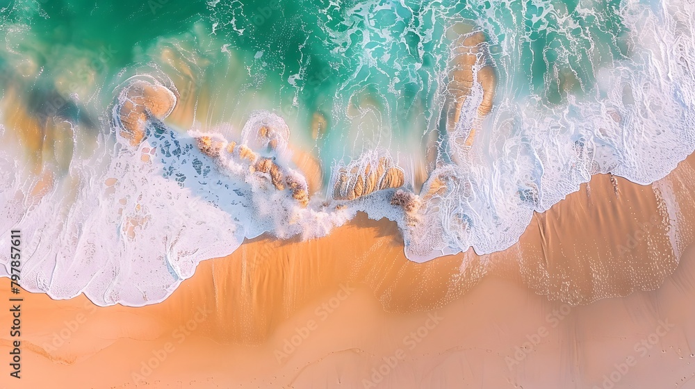 A wave rolling over the beach, captured from an aerial perspective, showcasing its soft and dynamic form. The water is turquoise with white foam, creating a contrast against golden sand.