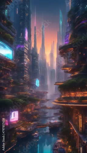 Futuristic city at dusk with tall buildings  neon lights  and reflections in the water