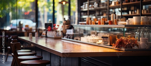 Beautiful bar counter in a luxury coffee shop. Selective focus. photo