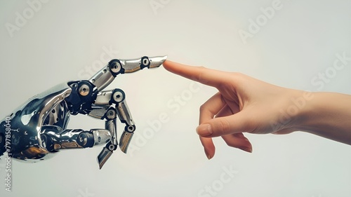 human female hand and male robotic hands pointing his finger