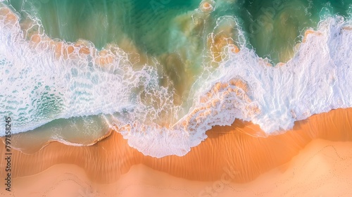 A wave rolling over the beach, captured from an aerial perspective, showcasing its soft and dynamic form. The water is turquoise with white foam, creating a contrast against golden sand. © horizor