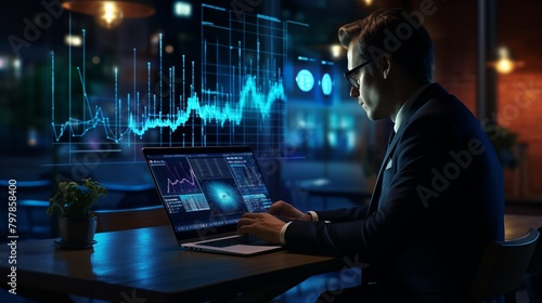 Business data analysis, growth and development. Businessman working on laptop with financial report, economic graph growth chart and global network connection, business plan, strategy and solution.