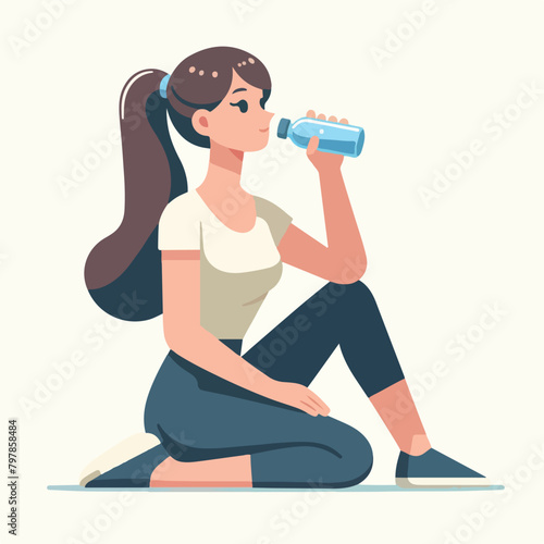 Vector a woman sits on the ground and drinks from a bottle of water