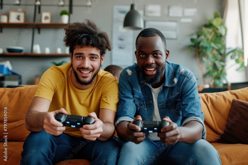 Multiracial curious male friends adult happy game. Multiracial curious male friends adult happy game.