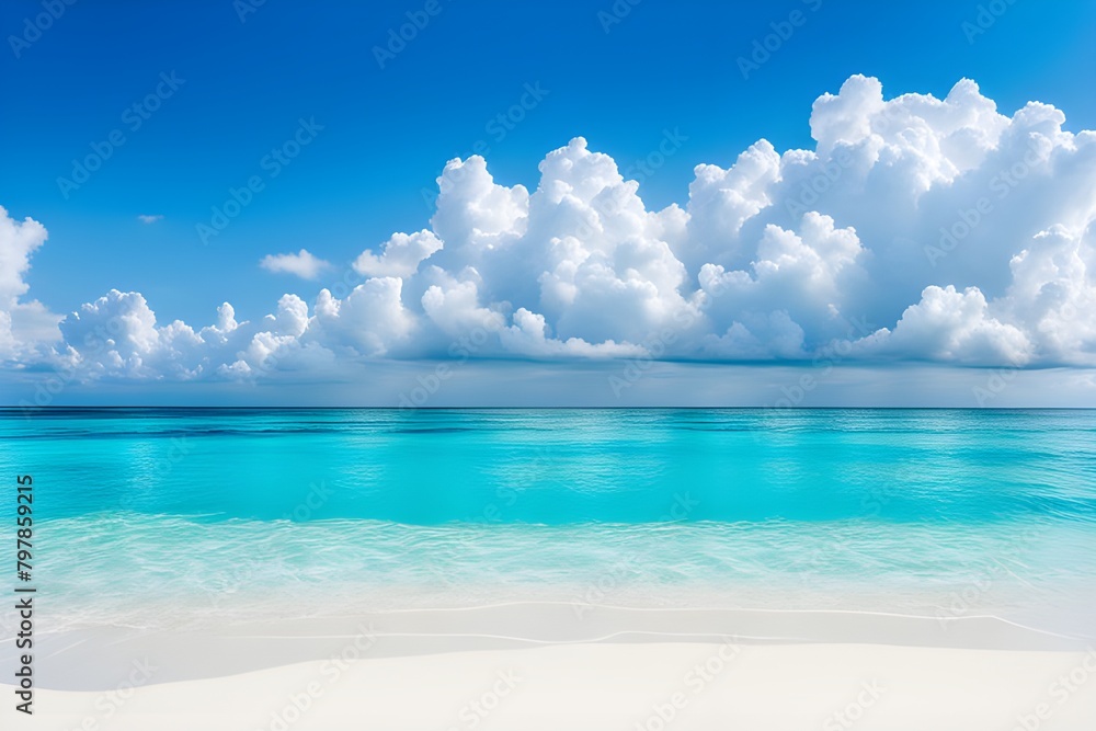 Beautiful sandy beach with white sand and rolling calm wave of turquoise ocean on Sunny day. White clouds in blue sky are reflected in water. Maldives, perfect aerial scenery.
