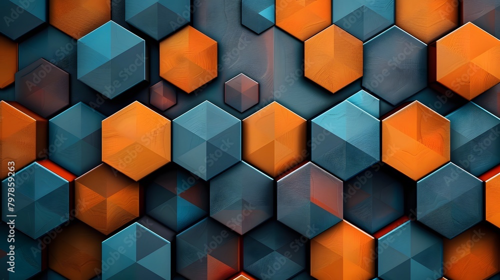 Blue, orange and brown geometric hexagon shapes background. For Design, Background, Cover, Poster, Banner, PPT, KV design, Wallpaper Blue, orange and brown geometric hexagon shapes background. For Design, Background, Cover, Poster, Banner, PPT, KV design, Wallpaper