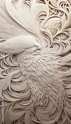 A wooden relief sculpture of a phoenix rising from the ashes. photo