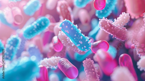 3-dimensional graphic of beneficial microorganisms, including Lactobacilli, Bifidobacteria, Enterococcus, and Streptococcus thermophilus. photo