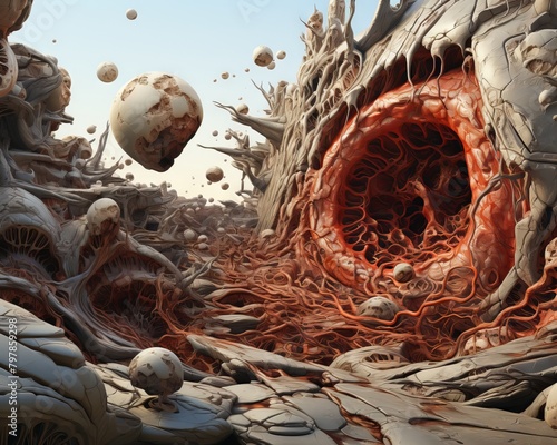 An alien landscape with large organic structures and floating planetoids