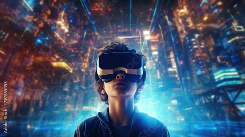 A teenager boy interacts with virtual reality.