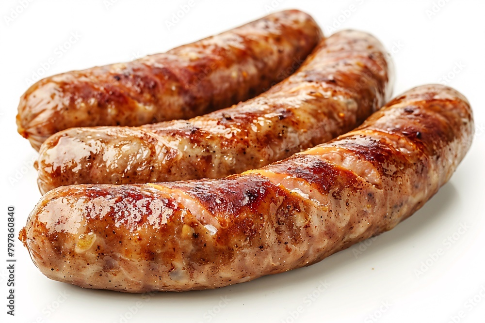 High-quality photo of cooked pork sausages on a plain white backdrop. High-quality photo of cooked pork sausages on a plain white backdrop.