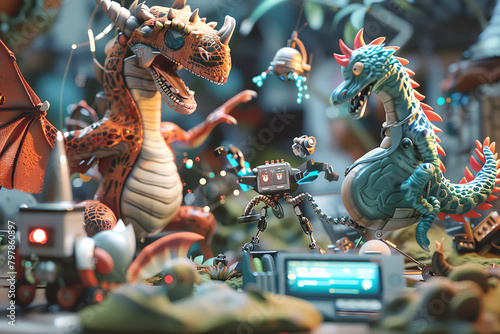 Bring to life a scene where mythical creatures encounter nanotechnology gadgets, resulting in comic mayhem Utilize a digital rendering technique to showcase the absurdity and humor of the situation fr photo