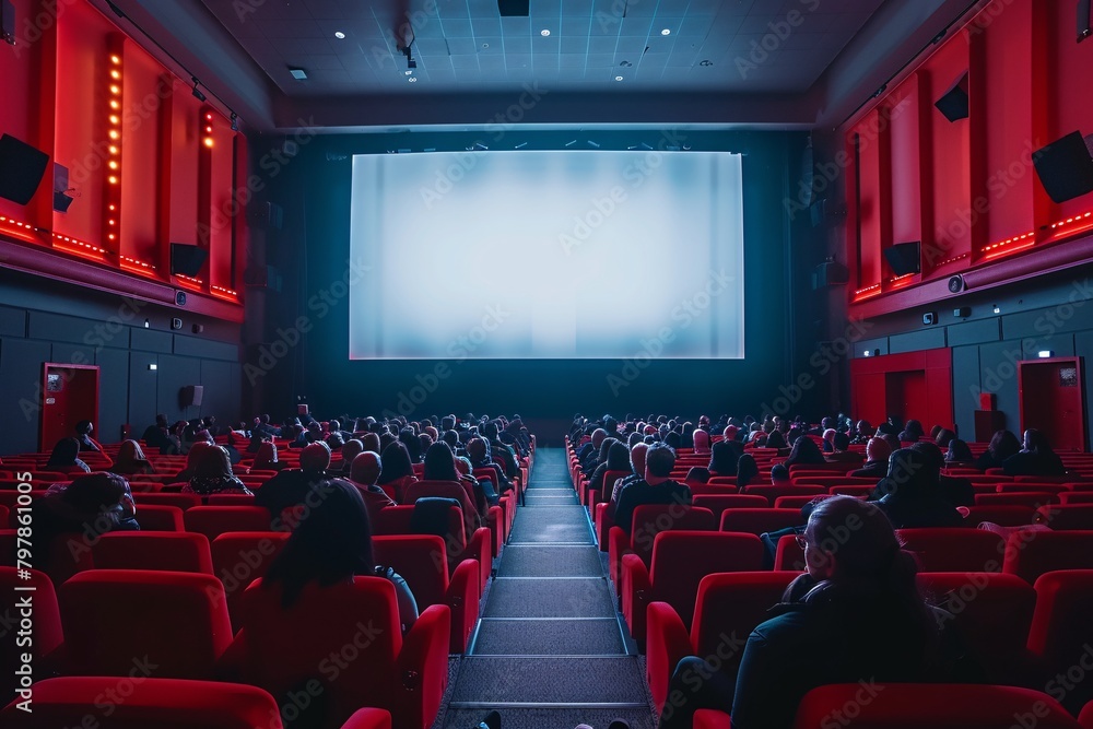 Movie theater with wide screen and audience in red seats, silhouettes watching film.