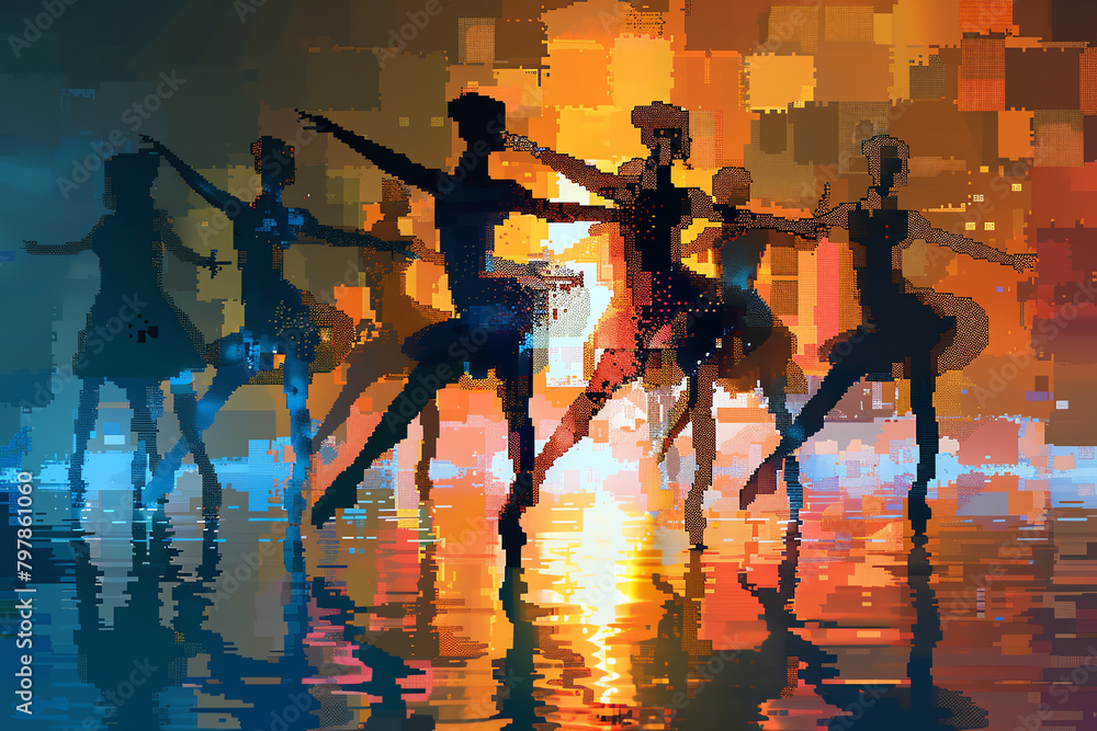 Depict the graceful flow of contemporary dancers in a pixel art format, symbolizing the psychological concept of self-expression, in a unique glitch art technique that adds depth and mystery