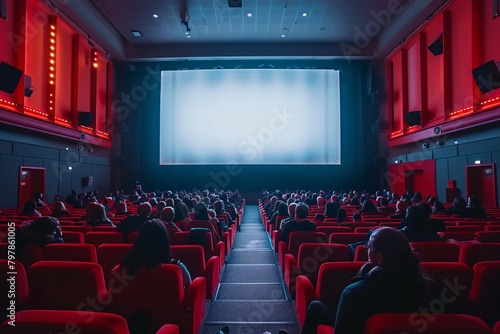 Movie theater with wide screen and audience in red seats, silhouettes watching film.