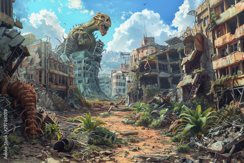 Craft a post-apocalyptic wasteland with crumbling buildings and mutated creatures for a Survival game, infusing elements of blockchain technology in a photorealistic oil painting approach