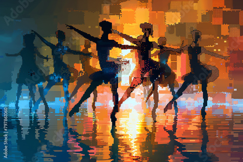 Depict the graceful flow of contemporary dancers in a pixel art format  symbolizing the psychological concept of self-expression  in a unique glitch art technique that adds depth and mystery