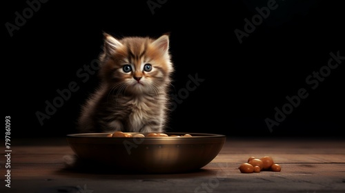 Cute siberian kitten with bowl of food on wooden table
