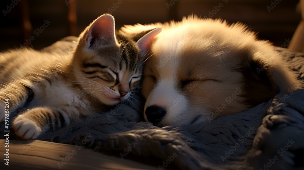 Cute cat and dog sleeping on the sofa in the morning.