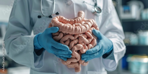Physician with a model of the human digestive tract, showcasing conditions such as inflammation, cancer, and digestive issues. photo