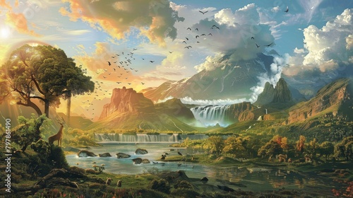 Beautiful visualization of the biblical creation story. illustrating gods majestic handiwork